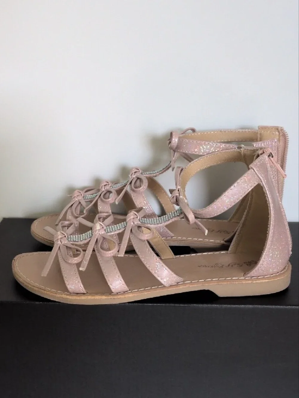 Sparkle Bow Strappy Sandals in Blush Pink